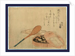 Large Serving Spoon with a Dish, Possibly Containing Tofu, and a Bean Cake(?) in a Baking Dish. by Anonymous