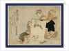 Woman and Two Children Looking at a Large Kite Showing a Crane or Heron. by Anonymous