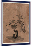 Monkey Sitting on a Bamboo Mat with Right Hand Raised, Holding a Flower Pot Containing a Loquat Plant Laden with Fruit. by Anonymous