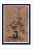 Monkey Sitting on a Bamboo Mat with Right Hand Raised, Holding a Flower Pot Containing a Loquat Plant Laden with Fruit. by Anonymous