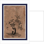 Monkey Sitting on a Bamboo Mat with Right Hand Raised, Holding a Flower Pot Containing a Loquat Plant Laden with Fruit. by Anonymous