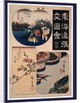 Scenes from the First Three Stations on the Tokaido Road (Nihonbashi, Shinagawa, and Kawasaki): People with Baskets, Possibly Gathering Clams, Cherry Blossoms, and Fish in Trays by Anonymous