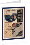 Scenes from the First Three Stations on the Tokaido Road (Nihonbashi, Shinagawa, and Kawasaki): People with Baskets, Possibly Gathering Clams, Cherry Blossoms, and Fish in Trays by Anonymous