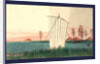 Sail on a Boat on a River with Low Buildings and Fields in the Background. by Anonymous