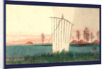 Sail on a Boat on a River with Low Buildings and Fields in the Background. by Anonymous