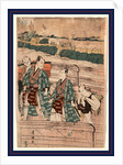 Azumabashi o wataru ichikawa omezo to sawamura gennosuke, Ichikawa Omezo and Sawamura Gennosuke crossing Azuma Bridge by Utagawa Toyokuni