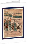 Azumabashi o wataru ichikawa omezo to sawamura gennosuke, Ichikawa Omezo and Sawamura Gennosuke crossing Azuma Bridge by Utagawa Toyokuni