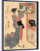 Kashiku of Tsuru-Ya, a Courtesan, Looking Into a Mirror that is Hanging in an Open Window, Reflecting Clients Arriving or Departing at the Front Gate by Anonymous