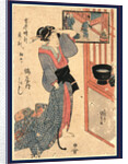 Kashiku of Tsuru-Ya, a Courtesan, Looking Into a Mirror that is Hanging in an Open Window, Reflecting Clients Arriving or Departing at the Front Gate by Anonymous