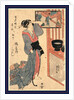 Kashiku of Tsuru-Ya, a Courtesan, Looking Into a Mirror that is Hanging in an Open Window, Reflecting Clients Arriving or Departing at the Front Gate by Anonymous
