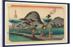 Porters Ladened with Bundles Walking Past a Small Shrine Near the Hiratsuka Station on the Tokaido Road with View of Mount Fuji in the Background by Anonymous