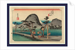Porters Ladened with Bundles Walking Past a Small Shrine Near the Hiratsuka Station on the Tokaido Road with View of Mount Fuji in the Background by Anonymous
