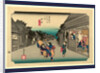 Travelers Walking Down Street Between Many Stores, Shops, and Inns at the Goyu Station on the Tokaido Road by Anonymous