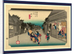 Travelers Walking Down Street Between Many Stores, Shops, and Inns at the Goyu Station on the Tokaido Road by Anonymous