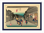 Travelers Walking Down Street Between Many Stores, Shops, and Inns at the Goyu Station on the Tokaido Road by Anonymous