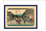 Travelers Walking Down Street Between Many Stores, Shops, and Inns at the Goyu Station on the Tokaido Road by Anonymous