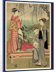 Three Women and a Child, Standing Next to and Sitting on a Bench Beneath a Willow Tree at the Edge of a Pond by Anonymous