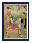 Three Women and a Child, Standing Next to and Sitting on a Bench Beneath a Willow Tree at the Edge of a Pond by Anonymous