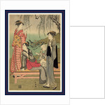 Three Women and a Child, Standing Next to and Sitting on a Bench Beneath a Willow Tree at the Edge of a Pond by Anonymous