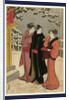 Man and Two Women Standing in the Snow Outside a Shrine, One Woman Carries an Offering by Anonymous