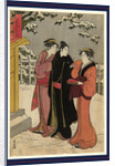 Man and Two Women Standing in the Snow Outside a Shrine, One Woman Carries an Offering by Anonymous