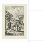 Meeting between a man and a couple in the outdoors, the man holds a stick and gestures with his hand towards the couple by Jacob Folkema