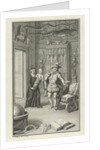 A nobleman and a cleric with a child in a cabinet of curiosities by Jacob Folkema