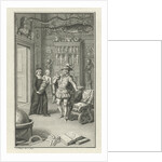 A nobleman and a cleric with a child in a cabinet of curiosities by Jacob Folkema