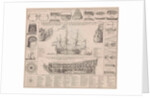Engraving showing cross sections of a warship by Anonymous