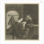 Woman reading a letter with a man at the table by Cornelis Hubert van Meurs