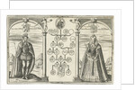 Portraits of James I, King of England and his wife Anne of Denmark standing on either side of genealogical tree by Jean le Clerc