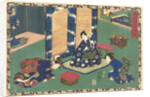 Prince Genji sitting on a rug in a room by Watanabe Shoemon