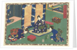 Prince Genji sitting on a rug in a room by Watanabe Shoemon
