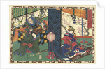 Prince Genji and man in big chest, looking at a woman sitting behind folding screen by Murata Heiemon