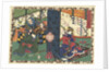 Prince Genji and man in big chest, looking at a woman sitting behind folding screen by Murata Heiemon