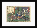 Prince Genji, two women and a girl sitting around large container with toys; in room with folding screen which cranes by Watanabe Shoemon