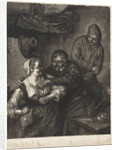 Tavern scene with three figures with a fireplace by Adriaen van Ostade