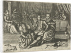 Interior in which two women of easy virtue undress a man by Christiaan Le Blon