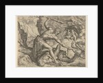 Hercules drags Cerberus from Hell by Julius Goltzius Cornelis Cort