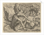 Hercules drags Cerberus from Hell by Julius Goltzius Cornelis Cort