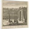 Gate in the garden of Castle Heemstede, gazebo overlooking the lake, the port and Castle Heemstede by Isaac de Moucheron