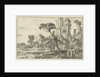 Three men on a path along a crumbling tower by Visscher II