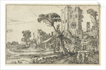 Three men on a path along a crumbling tower by Visscher II