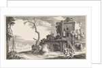 Two falconers in a tower used as an inn by Jan van de Velde II