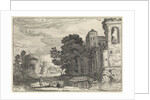 Three figures on a bank of a river near a castle by Jan van de Velde II