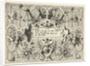 Cartouche with grotesques, bottom center is a child by Hieronymus Cock