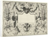 Cartouche surrounded by grotesques, with left and right a basket with flowers by Hieronymus Cock
