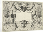 Cartouche surrounded by grotesques, with left and right a basket with flowers by Hieronymus Cock