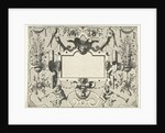 Cartouche surrounded by grotesques, with left and right a basket with flowers by Hieronymus Cock