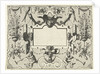 Cartouche surrounded by grotesques, with left and right a basket with flowers by Hieronymus Cock